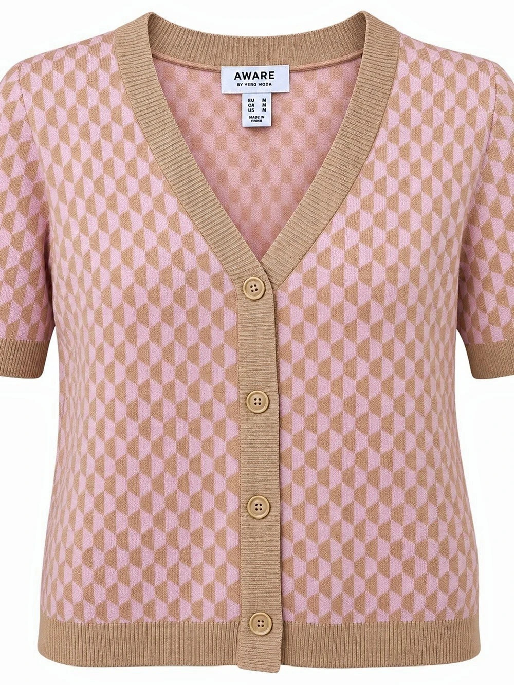 AWARE by Vero Moda Pink Tan Geometric Short Sleeve Cardigan M NWOT